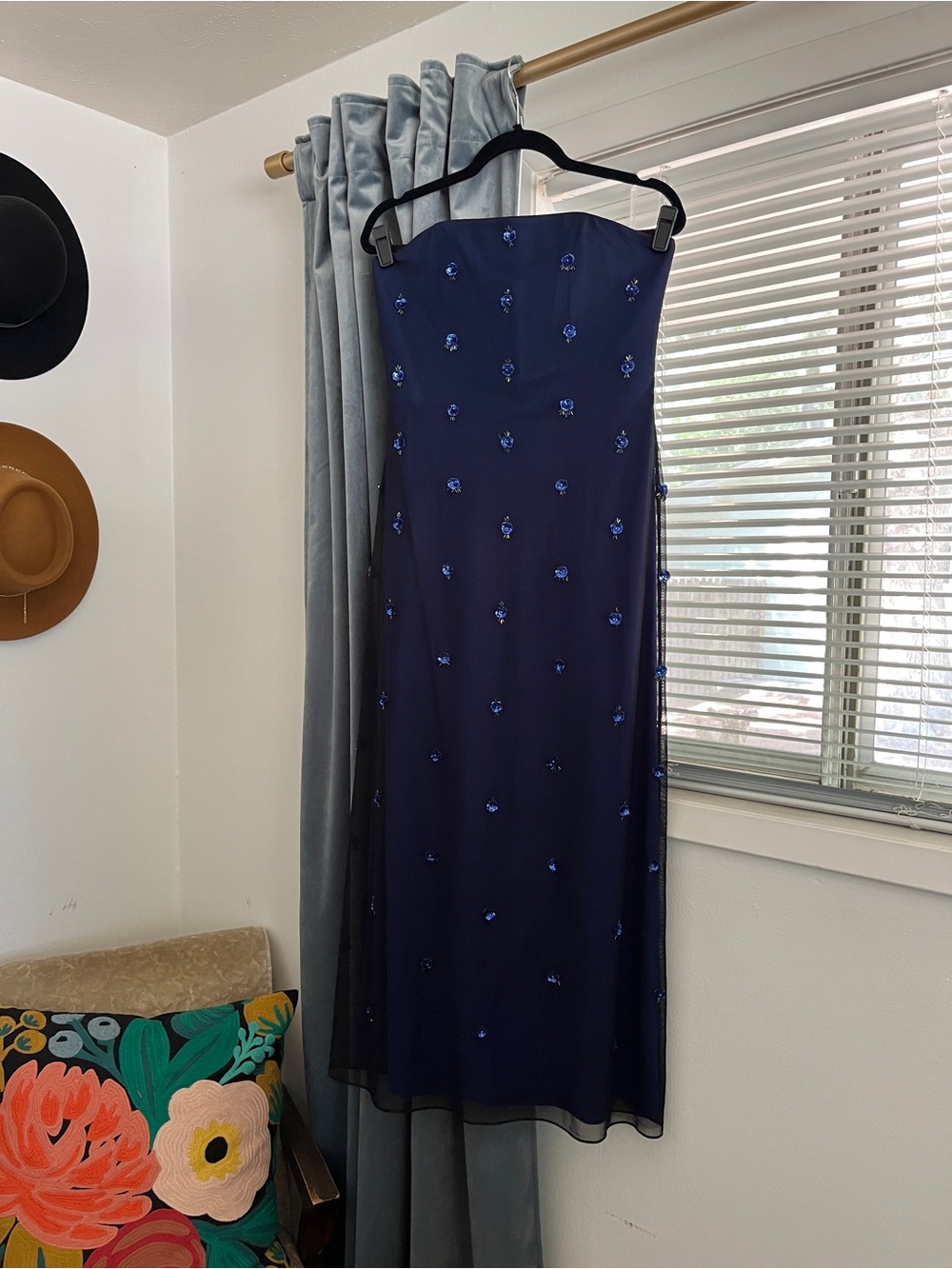 Papell Boutique Evening Strapless Beaded Floral Blue Sheer Mesh Black Y2K Dress